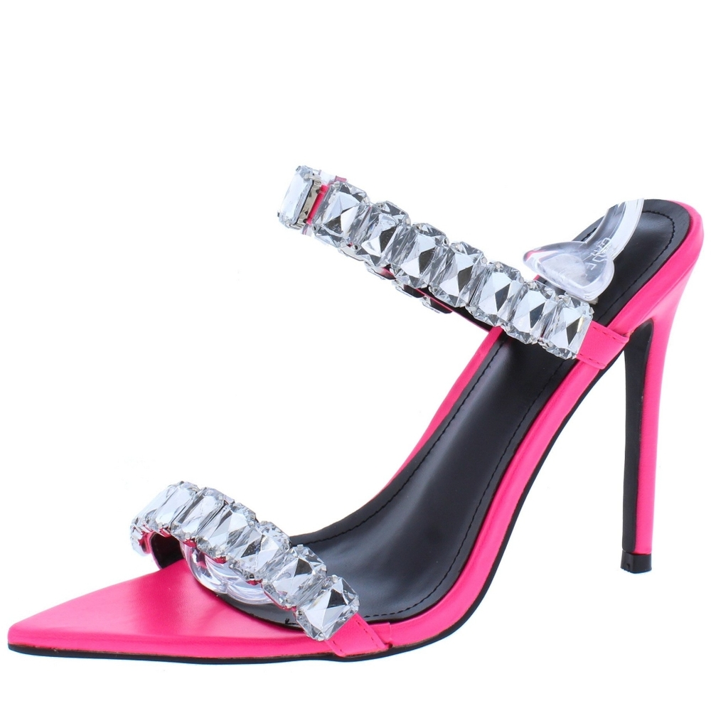 Pink Pointed Open Toe Dual Rhinestone Strap Heel